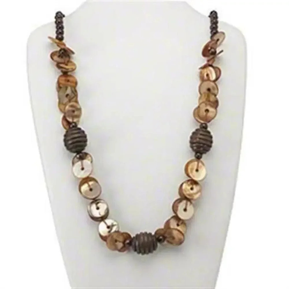 Hand Crafted Earthy Freshwater Pearl Shell And Japanese Pagoda Wood Necklace
